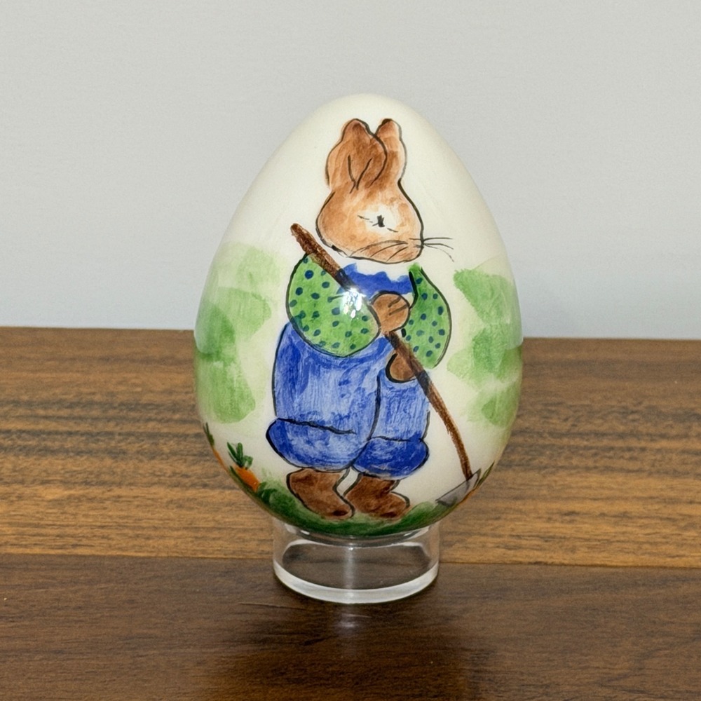 Hand Painted Ceramic Rabbit Garden Egg Figurine Signed S Nalgene Easter Decor